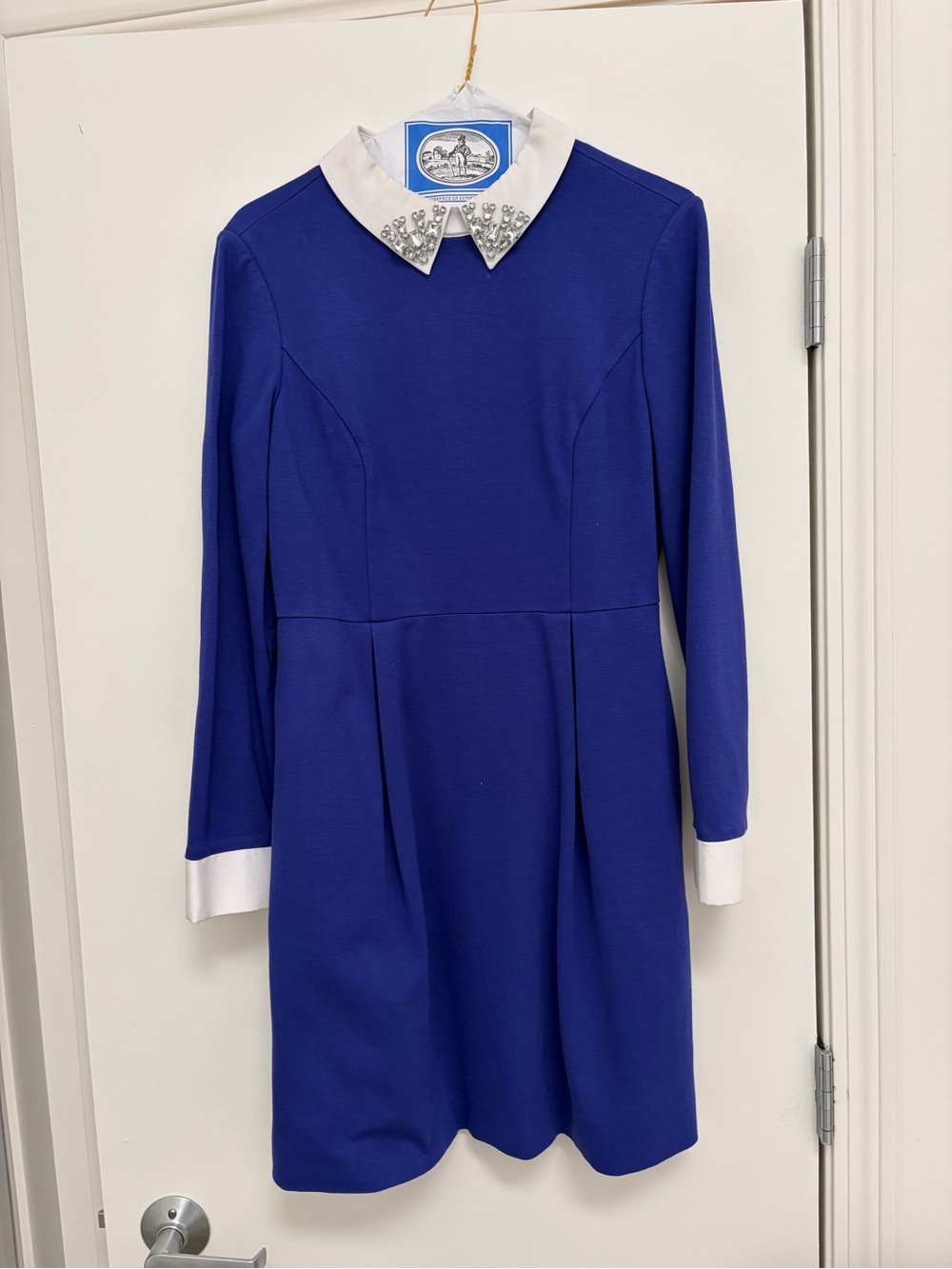 Ted Baker Cobalt Blue Dress with White Embellished Collar and Cuffs